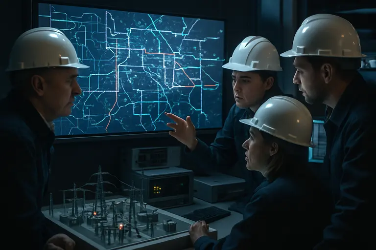 Electrical substation near a large industrial data center building
