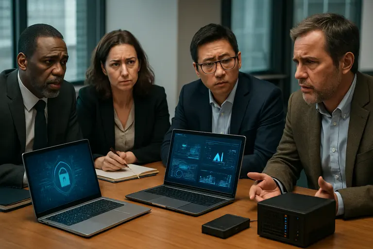 Security team discussing access controls and audit logs during a review meeting