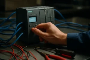 Siemens S7 PLCs in an industrial control cabinet with network cables