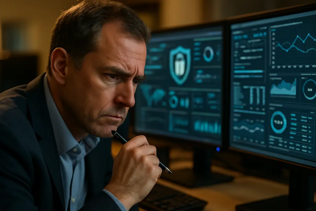 AI Risk Assessment dashboard with server racks in a secure operations room