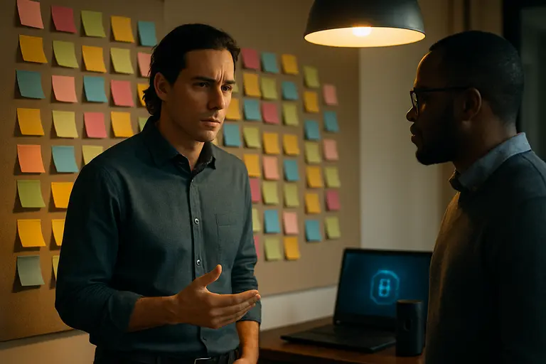 Business analysts comparing launch timing and cost data on monitors