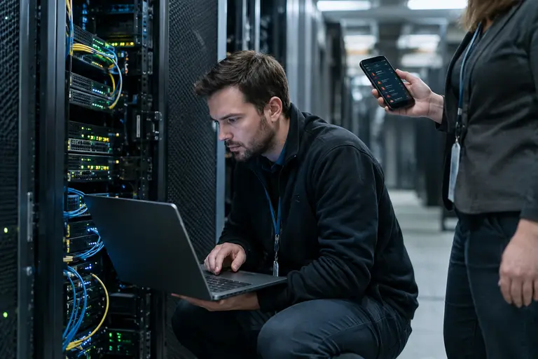 Change management checklist beside rack-mounted network equipment