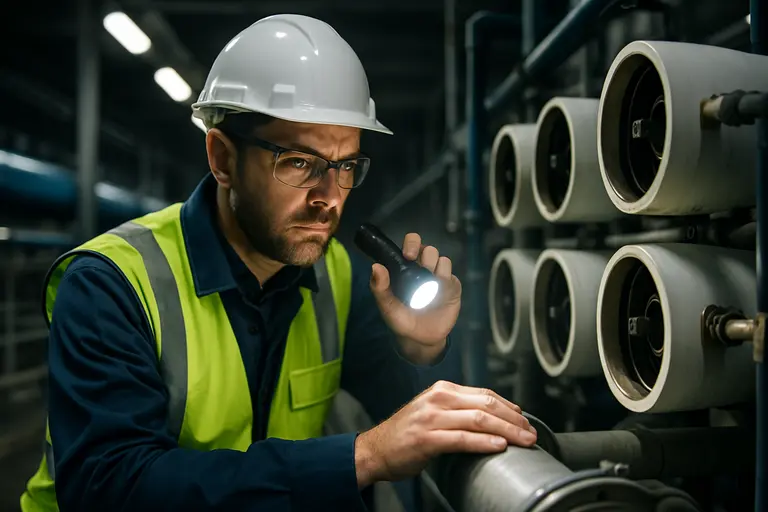 Engineer checking industrial network connections inside a control cabinet