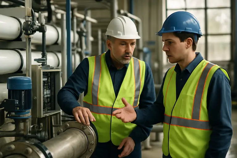 Technician inspecting industrial control equipment in a utility facility
